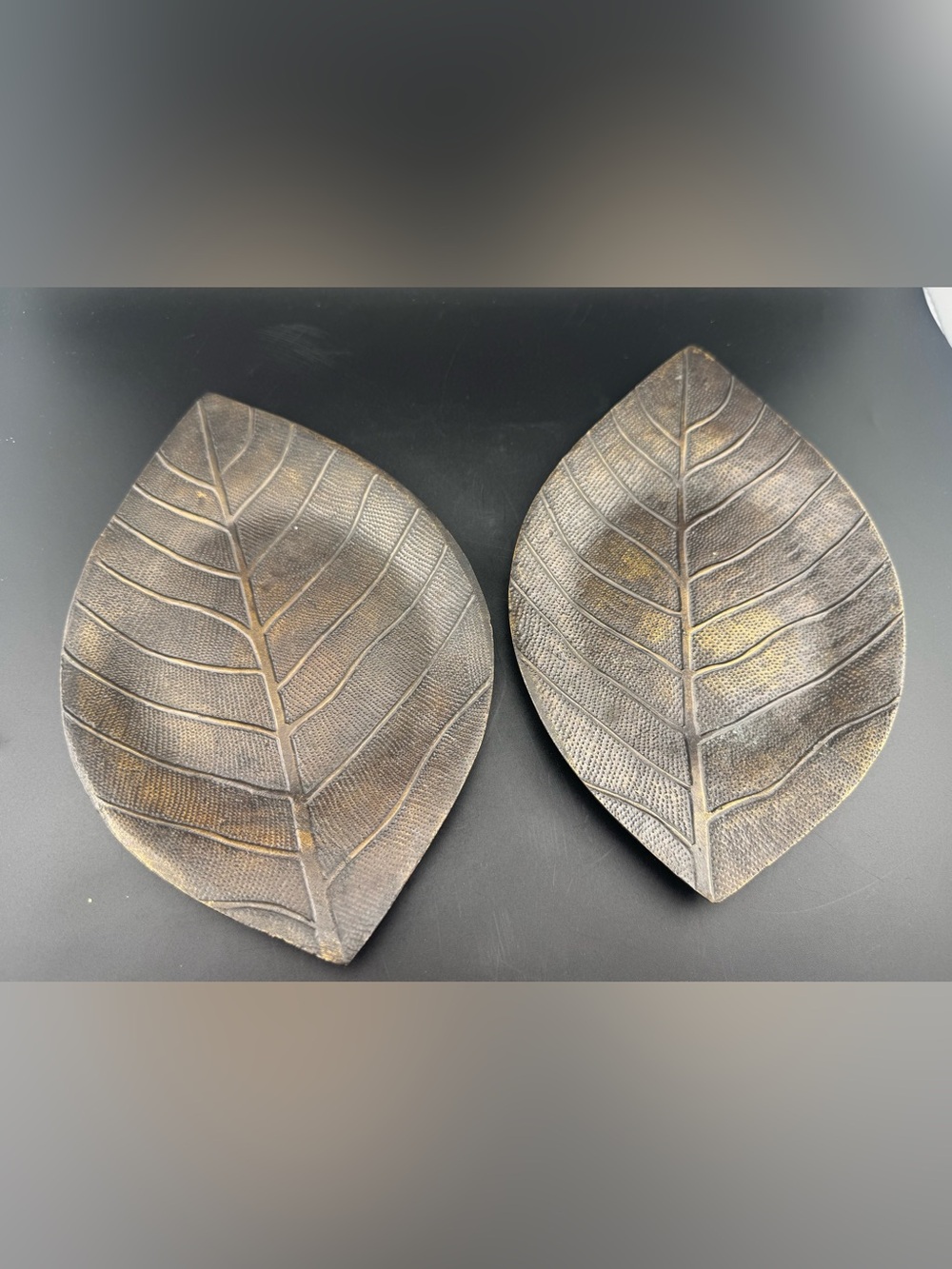 Crate&Barrel Metallic Bronze Leaf Pillar Candle Holders - Set of 2